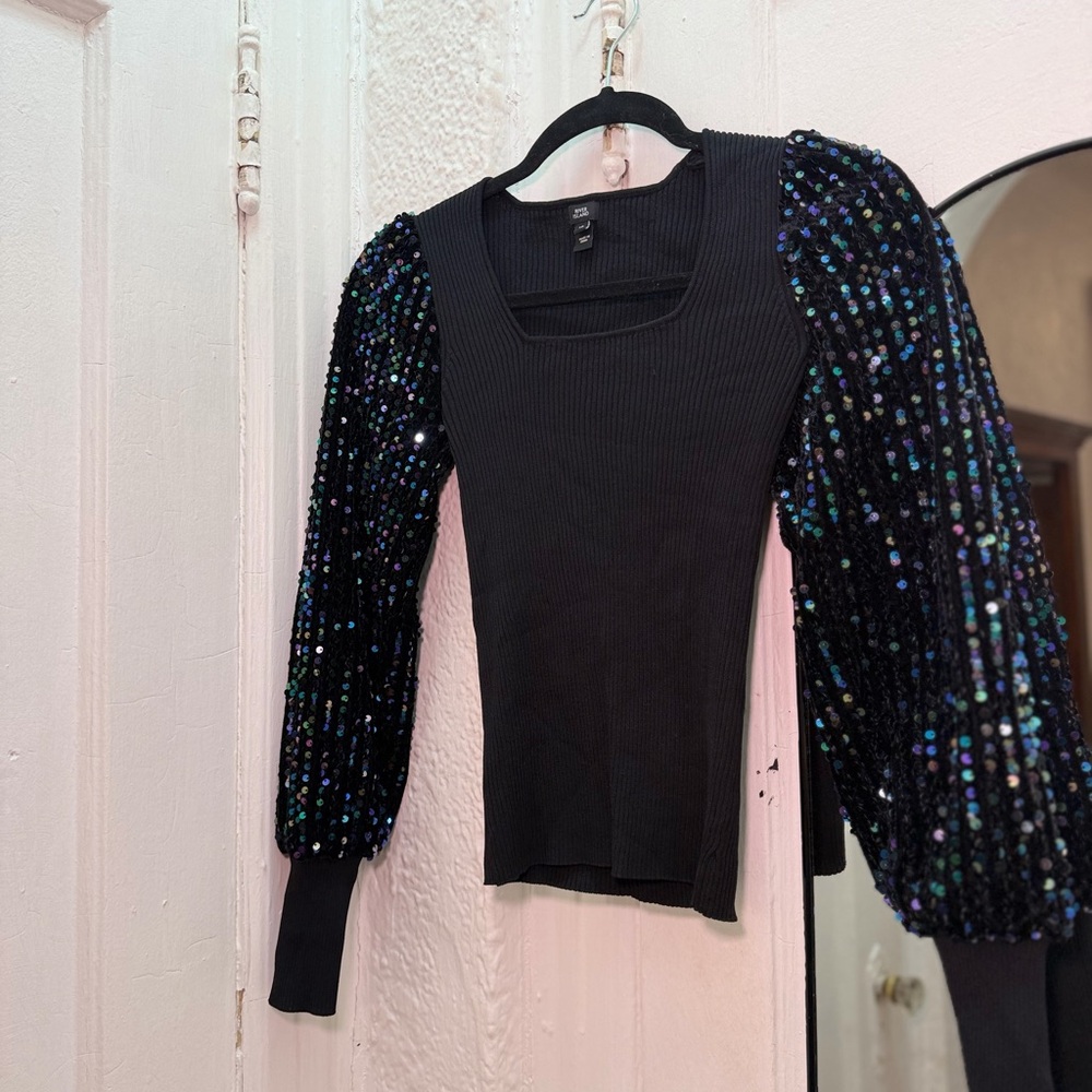 River Island Black Ribbed Top with Sequin Puff Sleeves